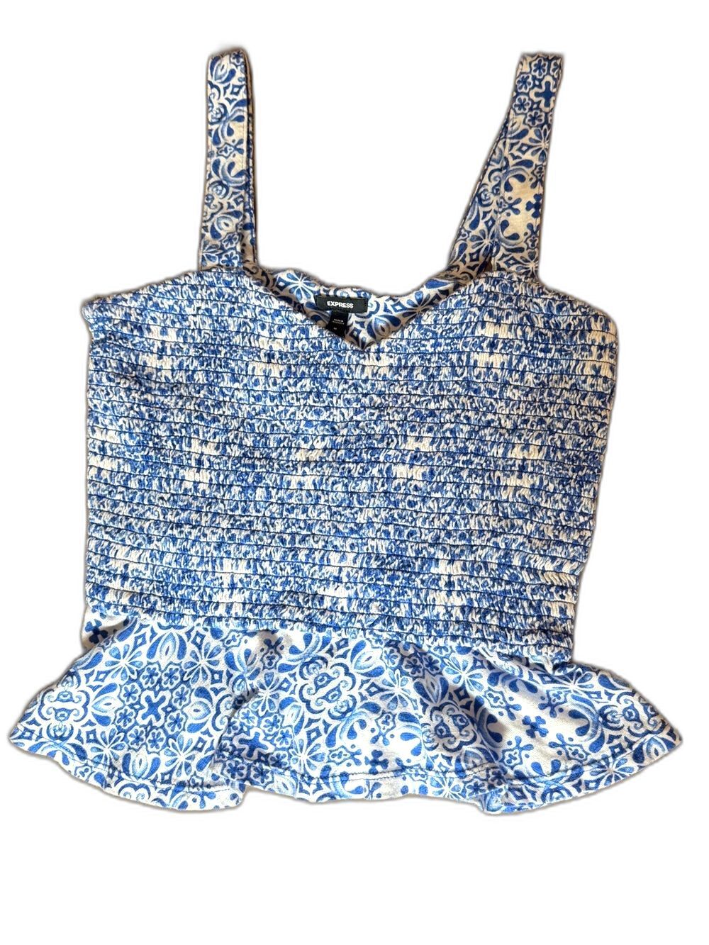Express Blue White Tile Print Smocked Crop Peplum Tank Top Resort Coastal Medium